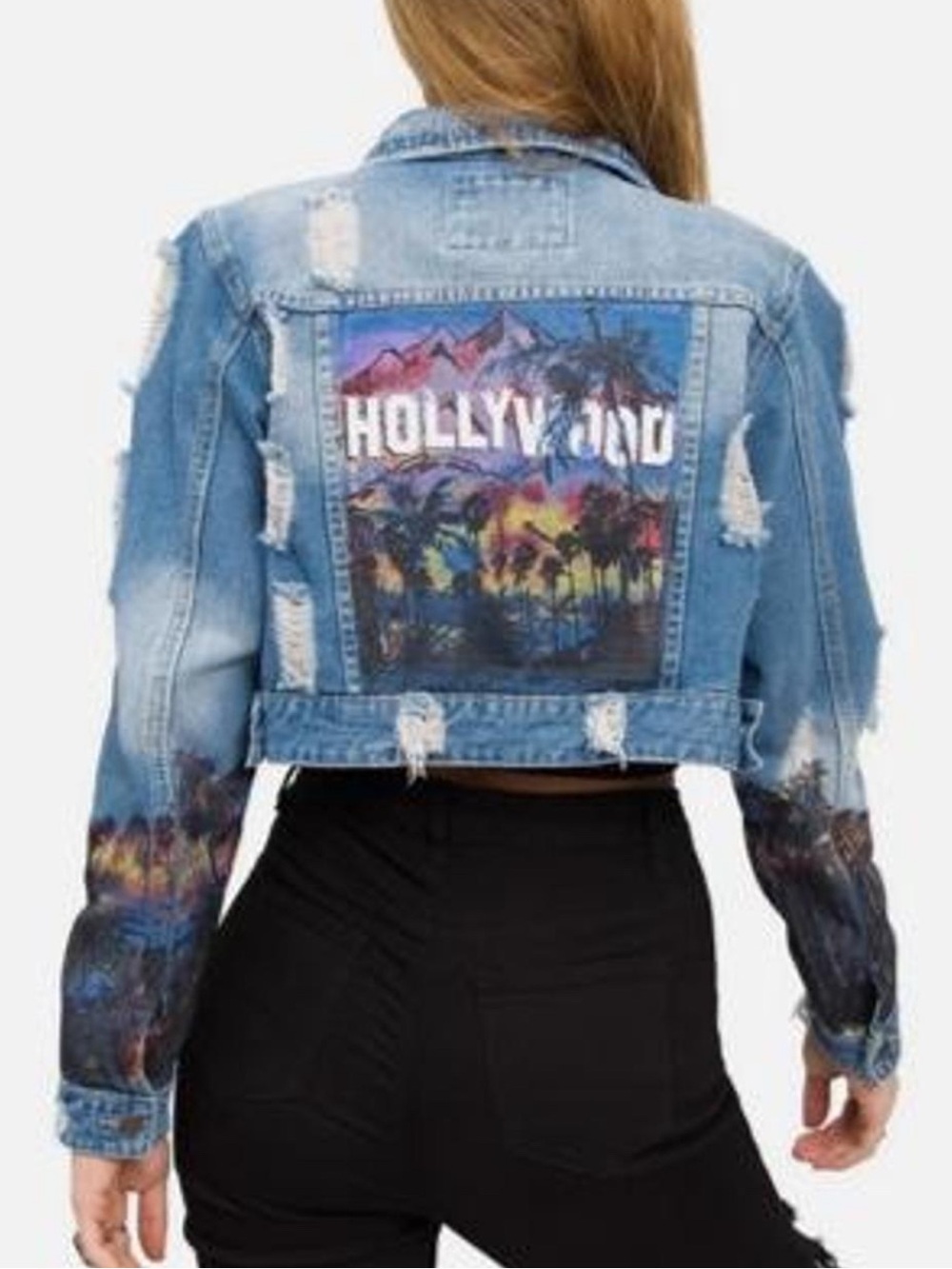 American Bazi Light Blue Distressed Denim Jacket with Hollywood Graphic